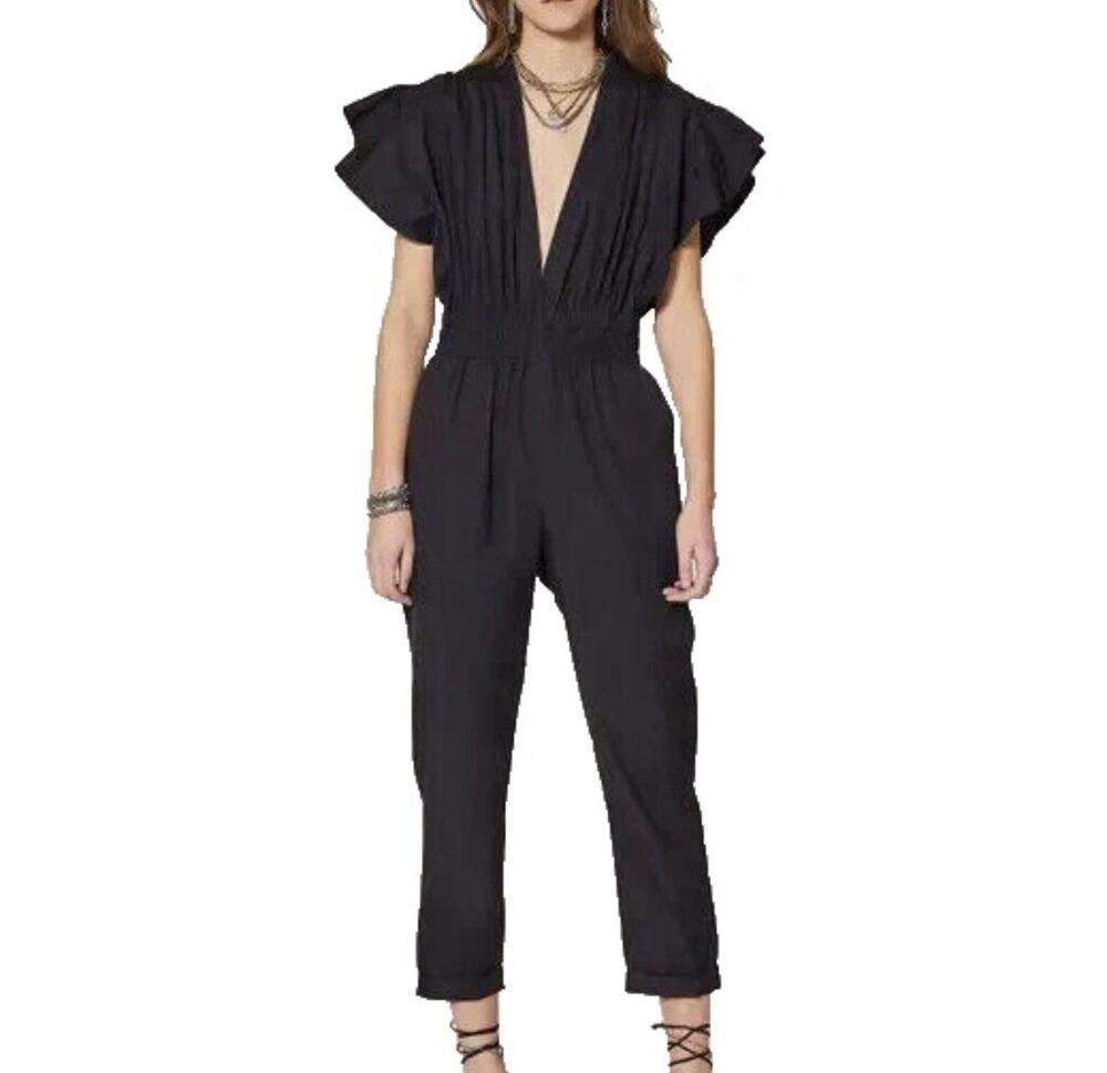 IRO Women's 38 Small Black Pleona Blouson Pleated Deep V-Neck Cotton Jumpsuit